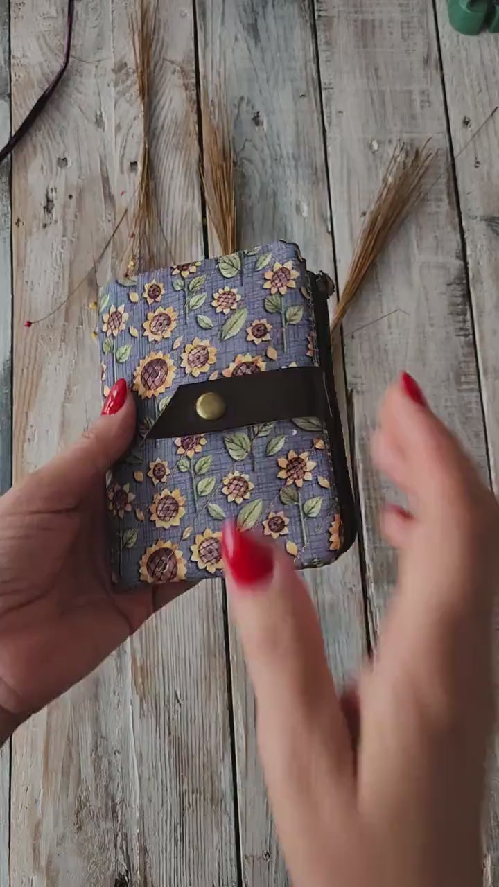 Cartera de tela de algodón con lindos girasoles, cartera de mano, billetera de chica, tarjetero, regalo para mamá, regalo para mujeres,