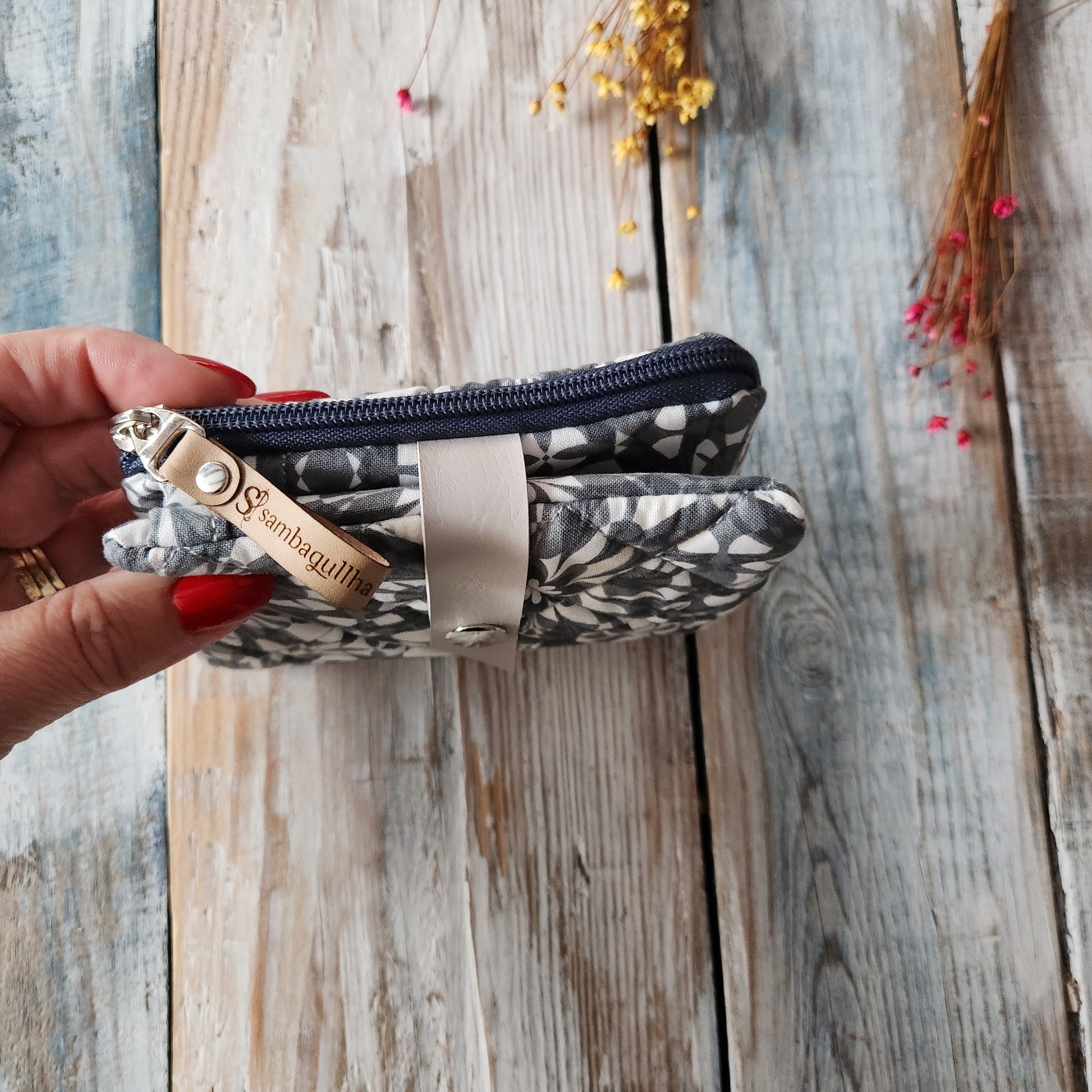 Gray fabric wallet.