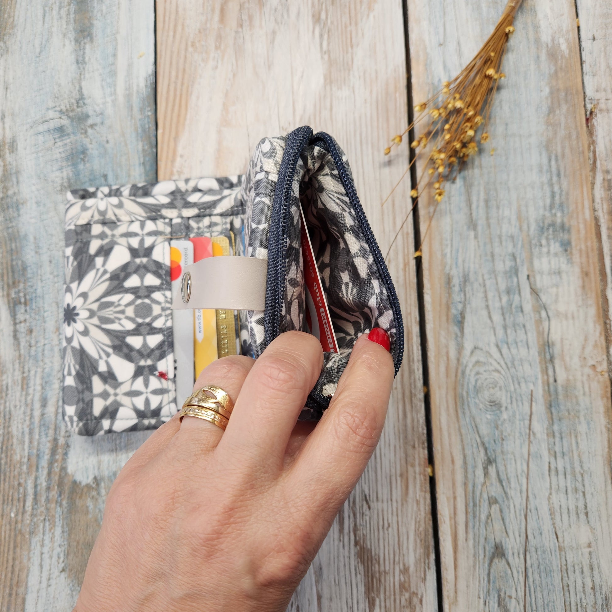 Gray fabric wallet.
