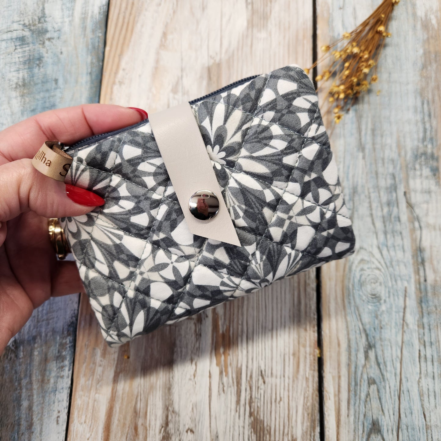 Gray fabric wallet.