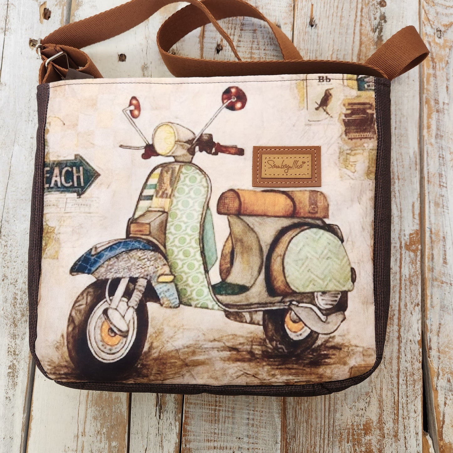 Medium Crossbody bag with Vespa motorcycle design, women's fabric bag, versatile bag, bag with adjustable strap