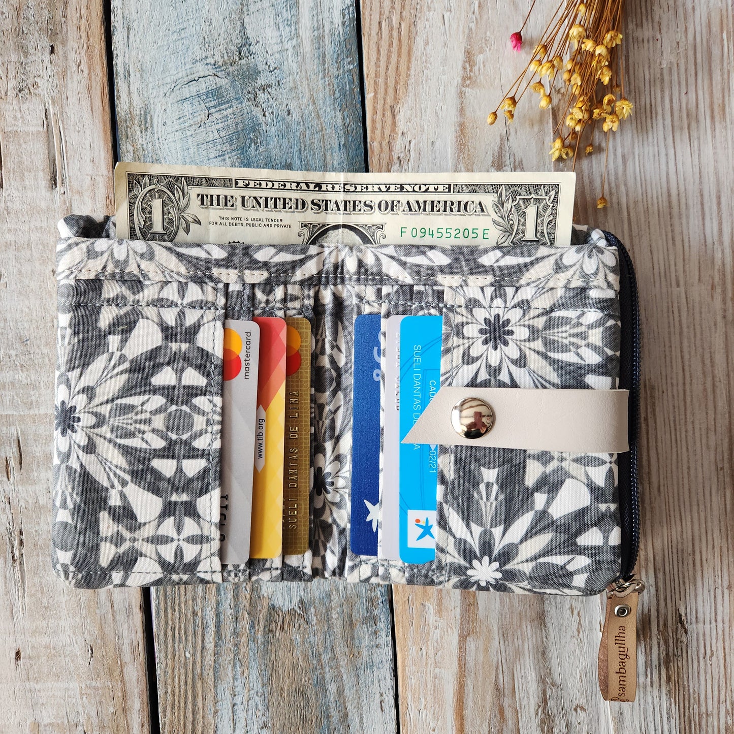 Gray fabric wallet.