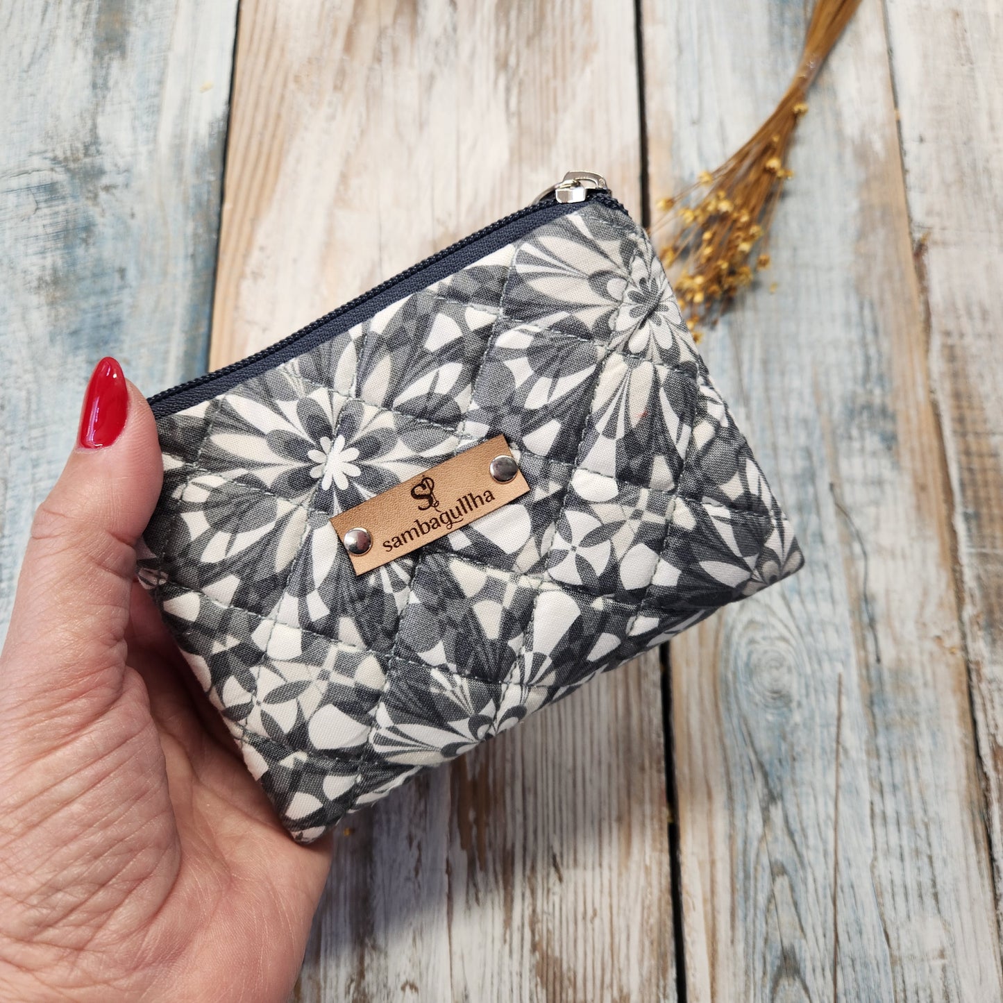 Gray fabric wallet.