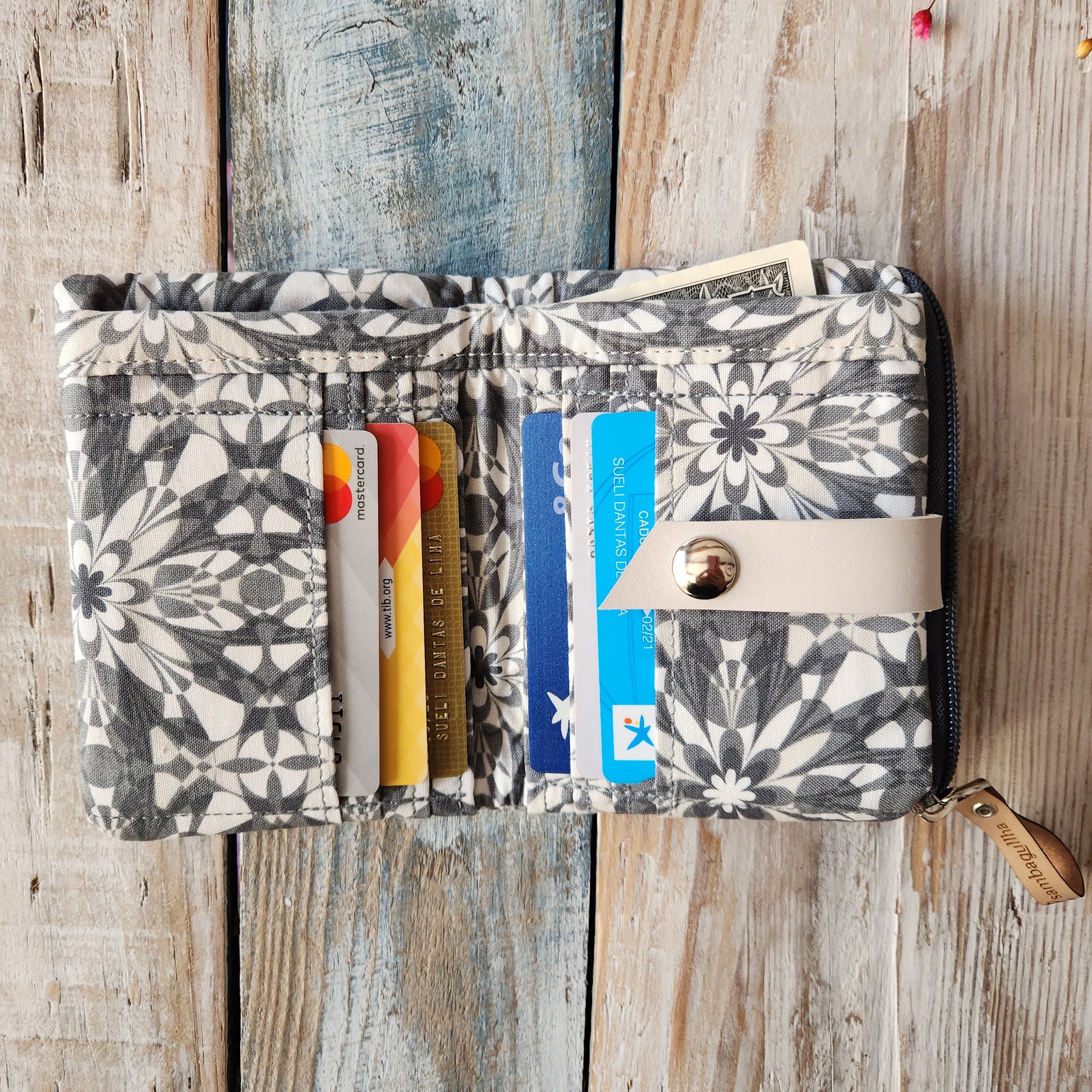 Gray fabric wallet.