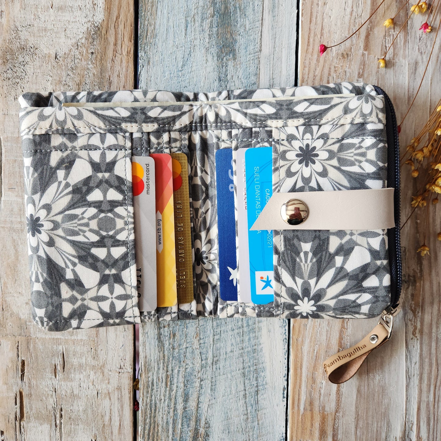 Gray fabric wallet.