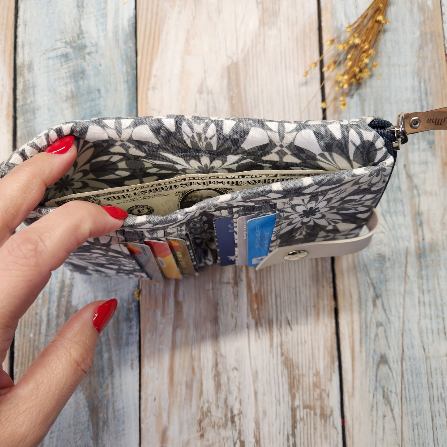 Gray fabric wallet.