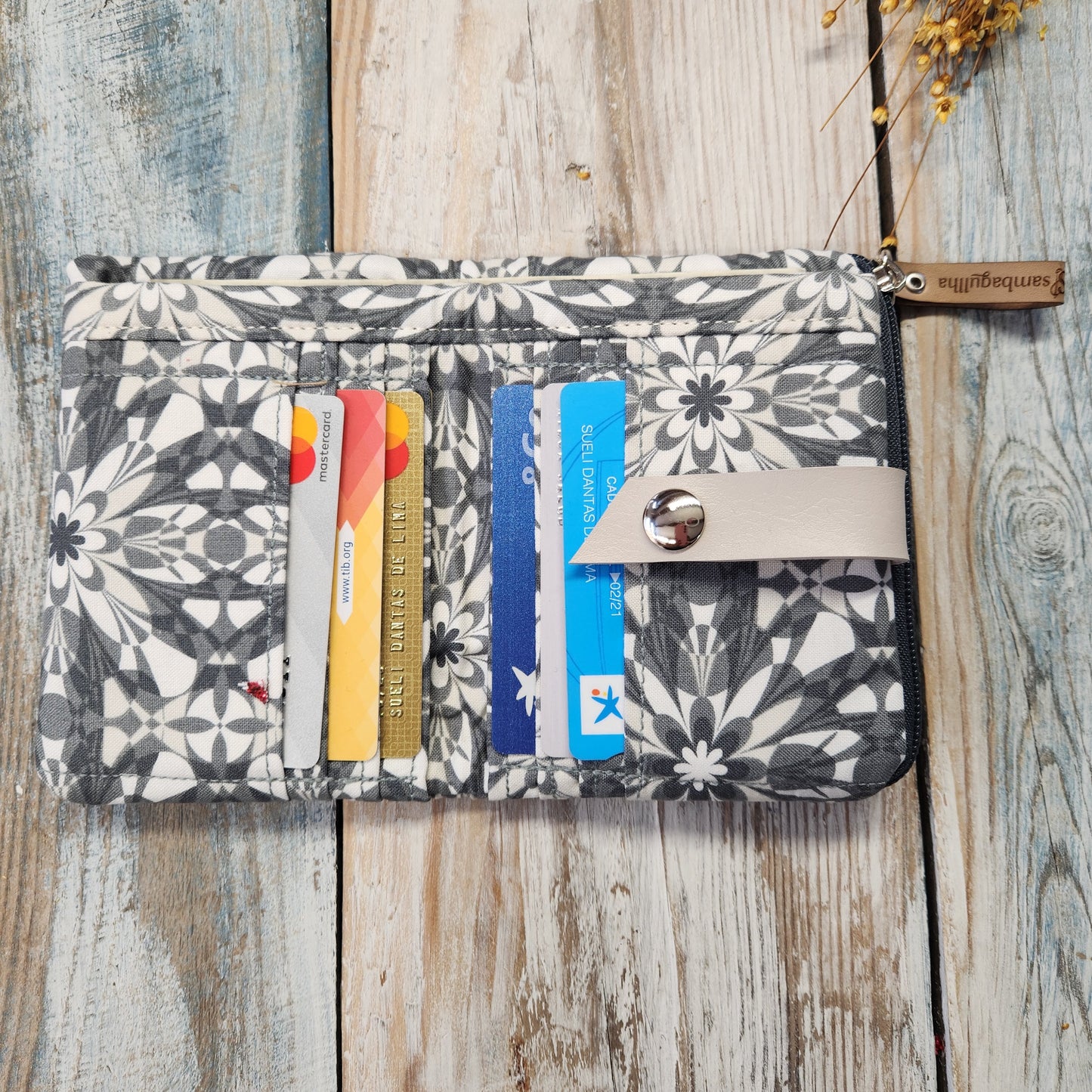 Gray fabric wallet.
