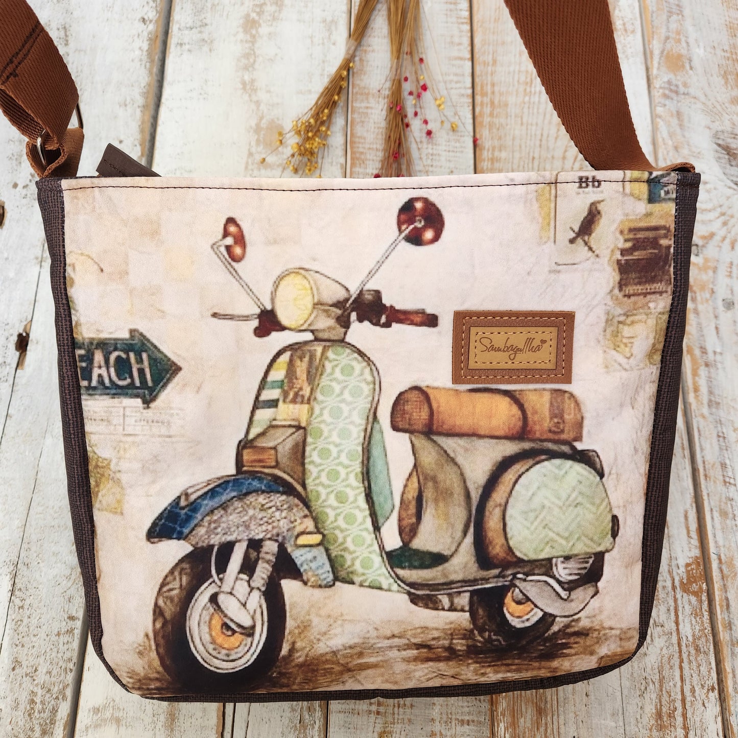 Medium Crossbody bag with Vespa motorcycle design, women's fabric bag, versatile bag, bag with adjustable strap